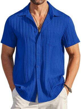 Men's Royal Blue Short Sleeve Textured Summer Collared Casual Button Down Shirts